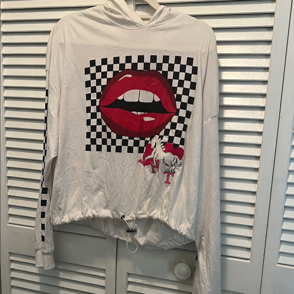 # 0810 + White Hoodie with Red Lips and Checkered Design W/ WHT